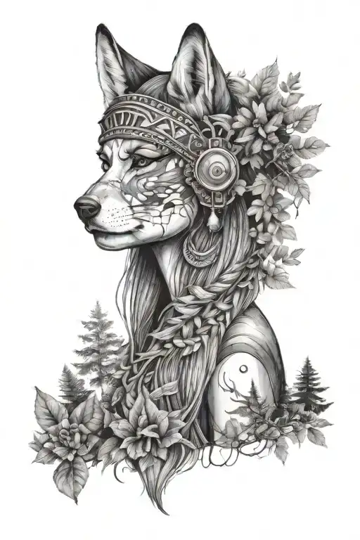 Realistic Woman With Wolf Headdress And Forest Nature Background Full Sleeve