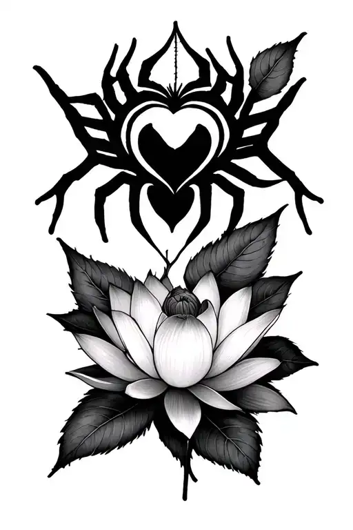 Spider Web With Heart In The Center And Lotus Flower