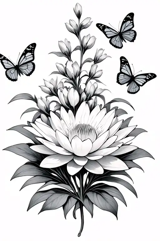 Larkspur And Water Lily Flower With Butterflies Flying