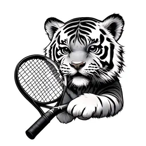 A Baby Tiger Holding A Tennis Racket