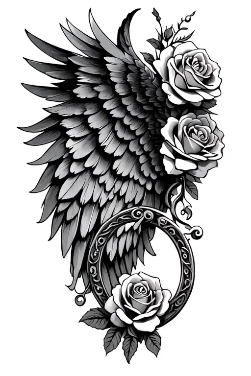Feathered Wing With Roses Horseshoe Intertwined