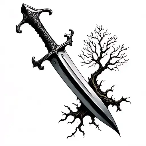 Long Broken Dagger With Tree Growing Out Of Handle