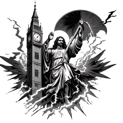 God And Clock Tower Surrounded With Lighting Strikes