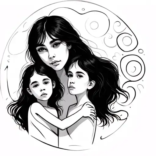 Single Line Picasso Style Image Of Woman With Two Children