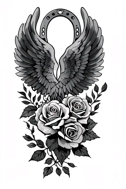 Wing Tattoo With Roses And A Horseshoe