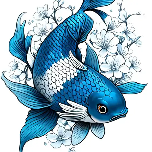 Blue Koi Fish With Cherry Blossoms