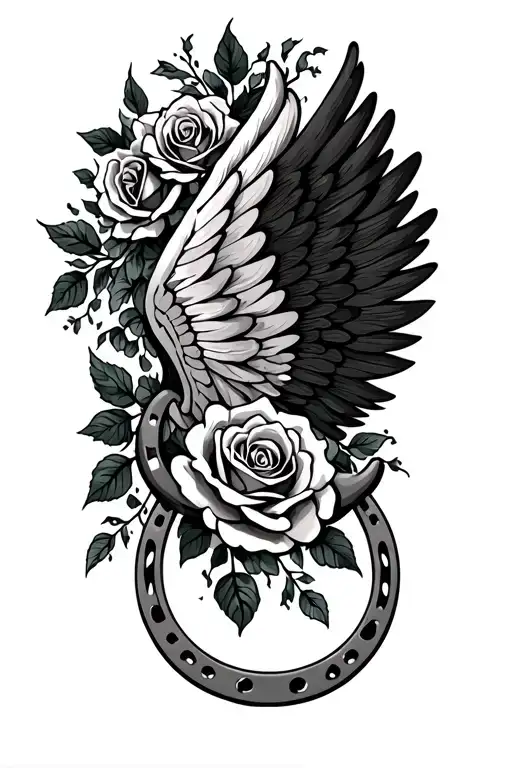 Half Sleeve Wing With Roses And A Horseshoe Intertwined