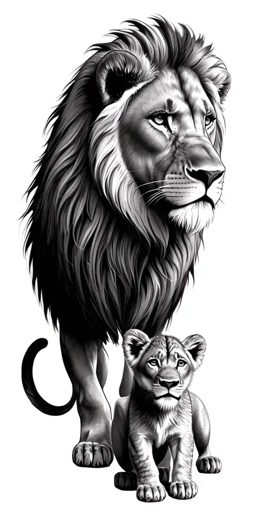 Male Lion And Cub Including All Four Elements