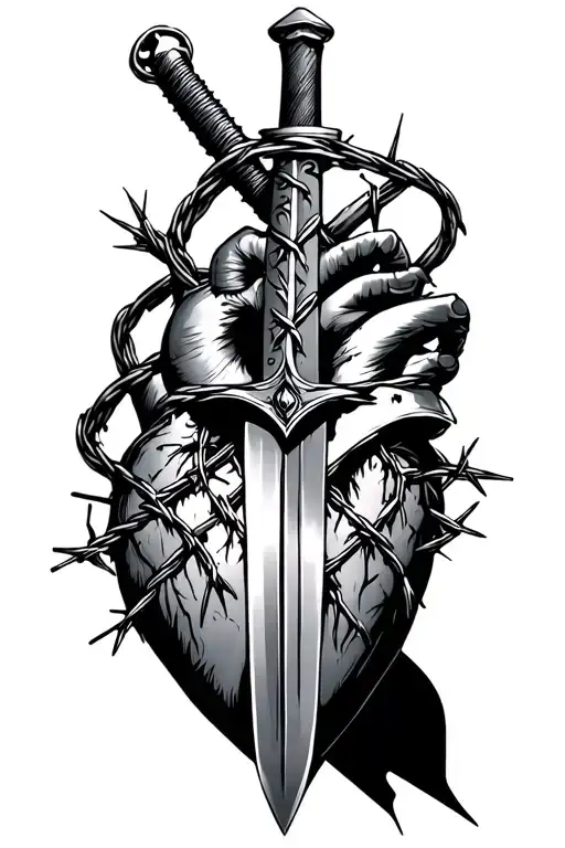 A Huge Sword Piercing Heart And Barbed Wire Around The Sword