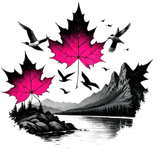 Maple Leaf And Pink Winds And Flights Of Birds And Mountains In The Distance And River