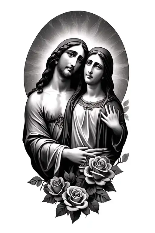A Jesus And Virgin Mary Half Sleeve Tattoo With A Gothic Touch With Roses