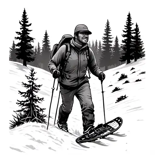 Hiking In Woods And Snowshoeing