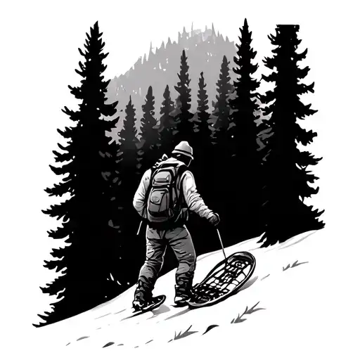 Hiking In Woods And Snowshoeing