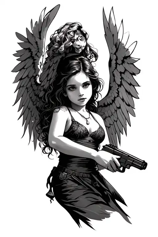 Girl Angel With Her Arm Down To The Side Holding A Hand Gun