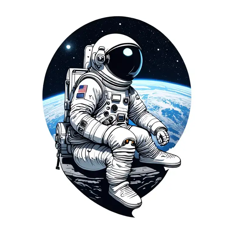 Astronaut Is Sitting On A Sapphire Planet Looking
