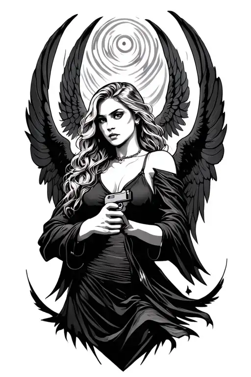 Woman Angel With A Hand Gun In One Hand