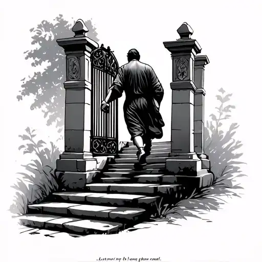 Bible Verse With Man Walking Up A Stairs Into A Gate