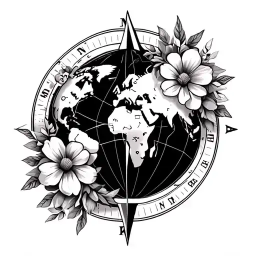 Compass With Flowers And World Map Cute One Line