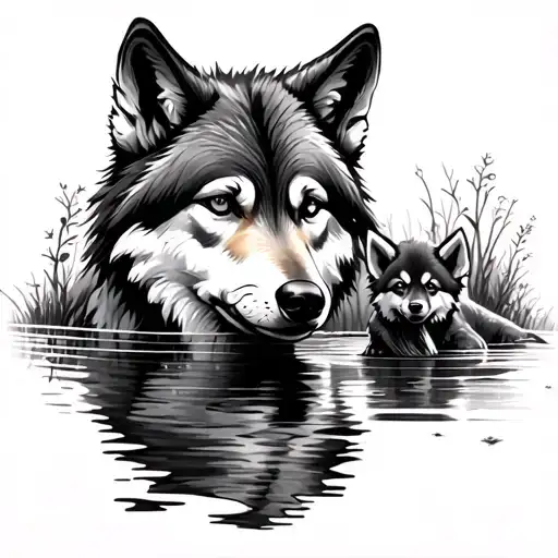Wolf Looking At Water Seeing A Wolf Pup