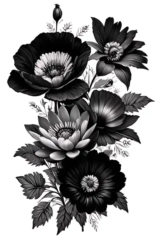 Long Flower Arrangement With Daisy A Morning Glory A Water Lily A Poppy A Peony And Marigold