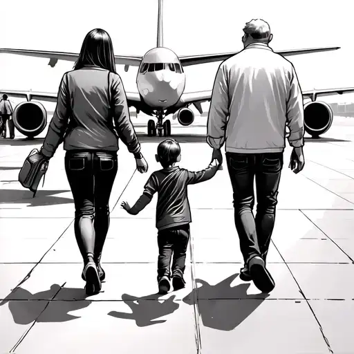 A Mom And A Dad Walking A Little Girl In Between Them At The Airport Walking Away From A Plane