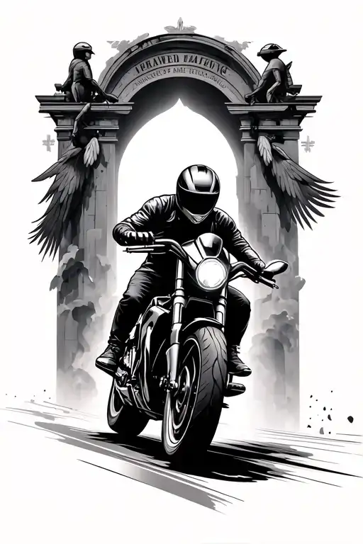 Male Riding Black Sport Motorcycle Into Gates Of Heaven Tattoo idea
