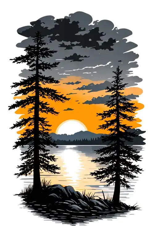 Trees Colors Sunset Over Lake