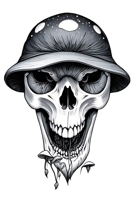 Crow Skull With Ink Cap Mushrooms Growing