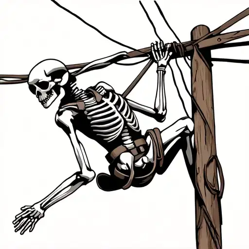 Skeleton Lineman Climbing Utility Pole And Belt Wrapped