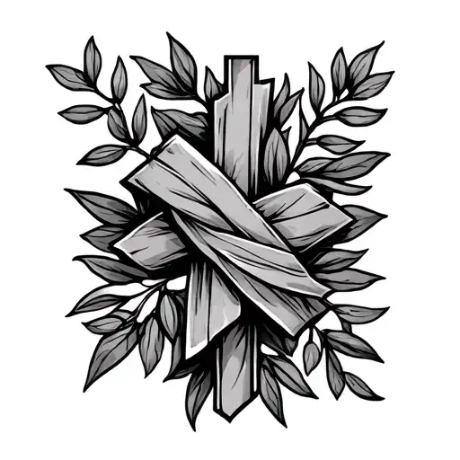 Delicate Olive Branches Wrapped Around Thin Lined Cross