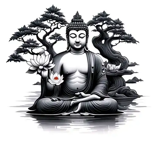 Budda With Lotus And Tree Trunk