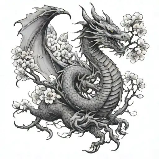 Dragon With Cherry Blossom Tree