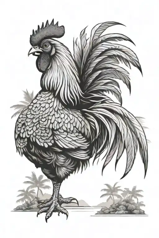 Rooster In Tropical Setting With Mountian