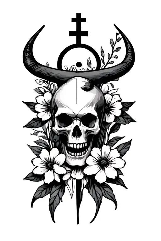 Bullseye With A Skull And Flowers Around It With A Cross