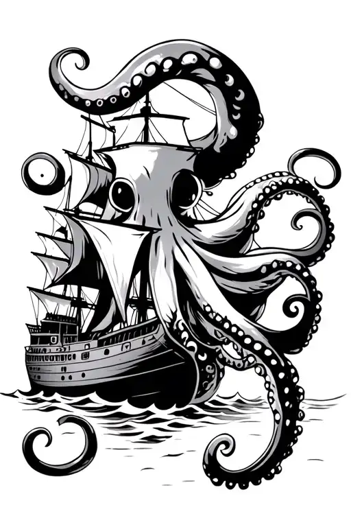 Octopus Attacking From Underwater And Pirate Ship