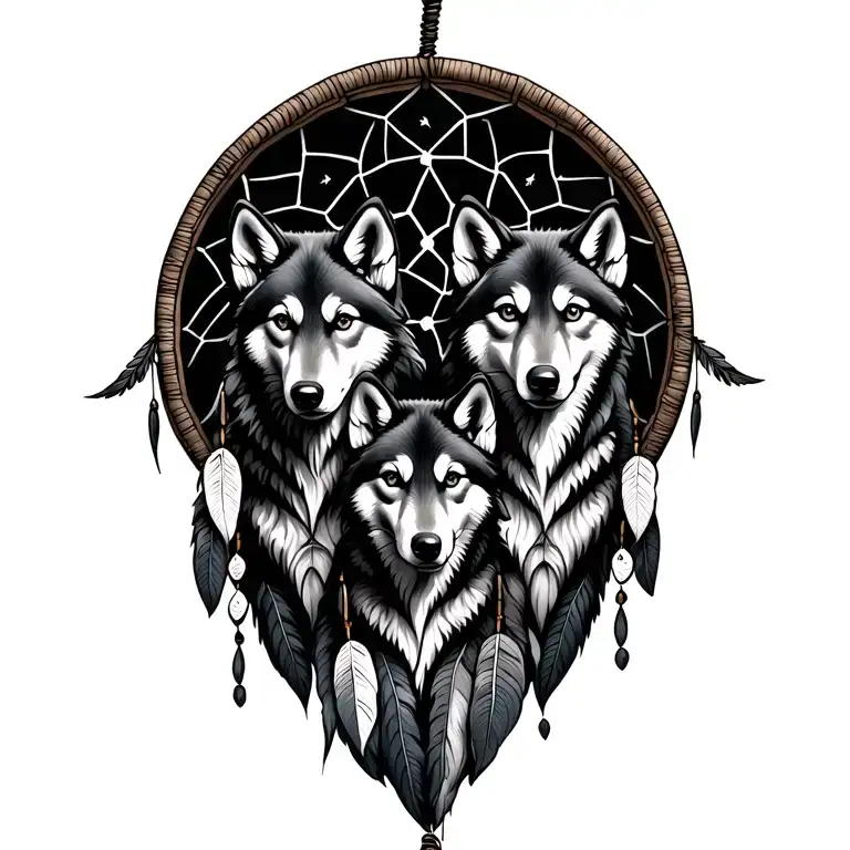 Three Wolf Pups Inside A Dream Catcher