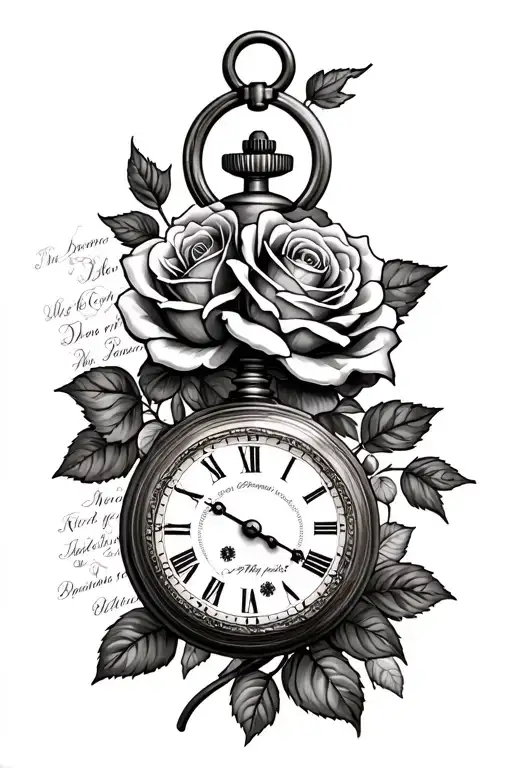 Full Sleeve With An Old Pocket Watch With Some Roses And Words