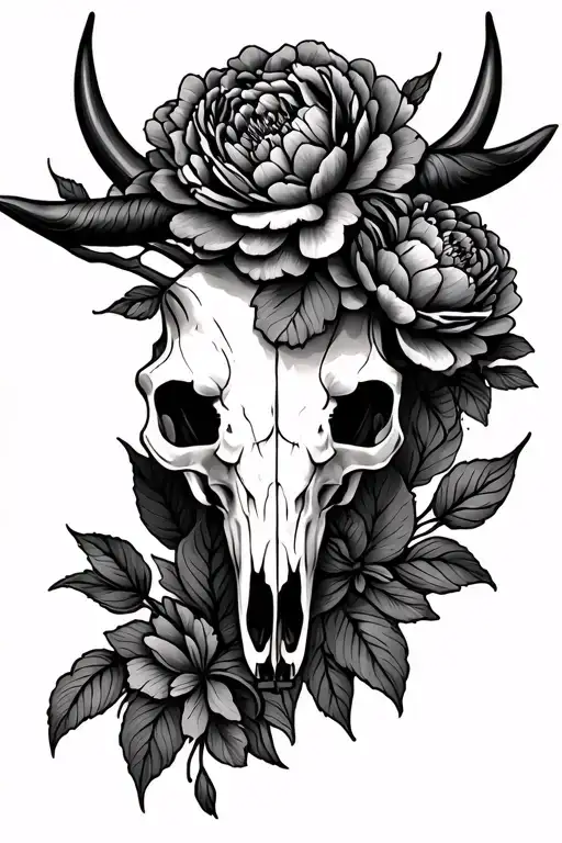 Bull Skull And Peony Flowers Intertwined