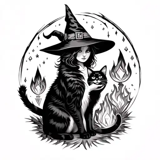 Witch With Cat And Crystal And Bonfire