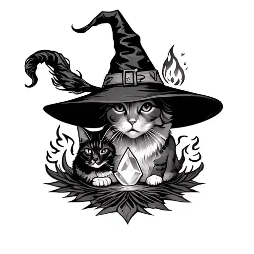 Witch With Cat And Crystal And Bonfire