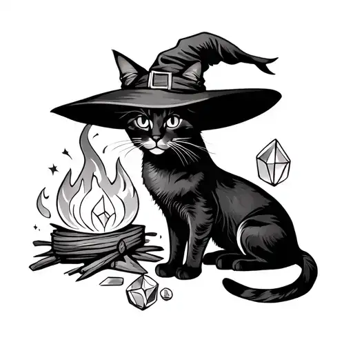 Witch With Cat And Crystal And Bonfire