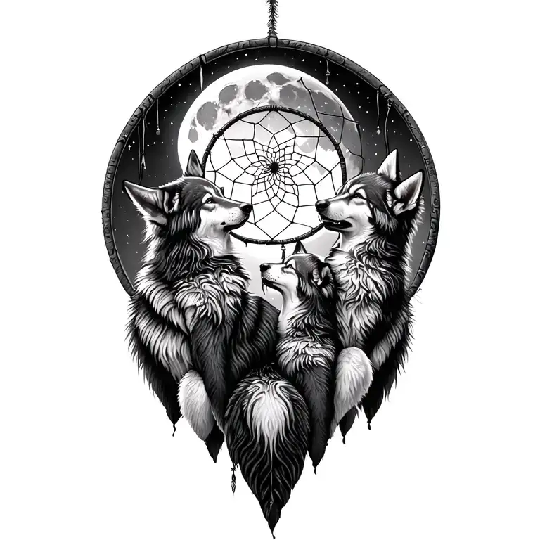 Dream Catcher With Three Daughters Wolf Pups Howling At The Moon