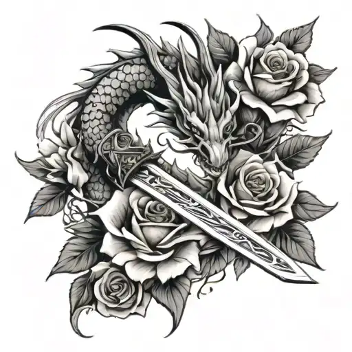 Back Tattoo With A Japanese Sword A Dragon And 2 Roses