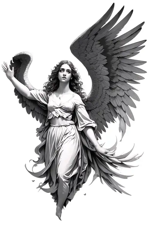 Black And White Tattoo Of Female Angel With Big Wings And Her Arms Open