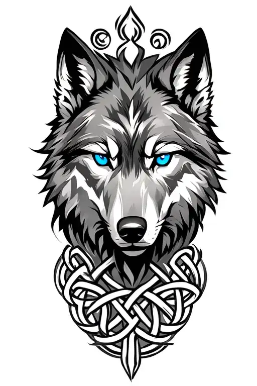 Wolf With Blue Eyes On Armor Tattoo Design Featuring Celtic Trinity Knot
