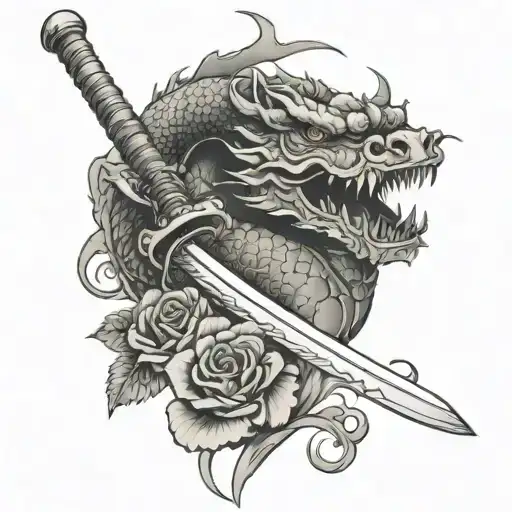 Dragon Around A Katana With Two Roses