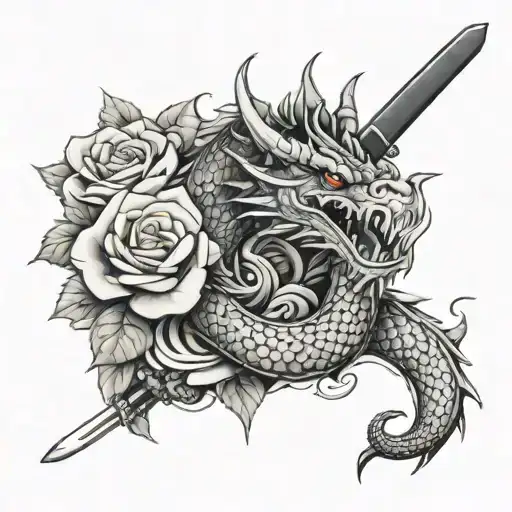 Dragon Around A Katana With Two Roses