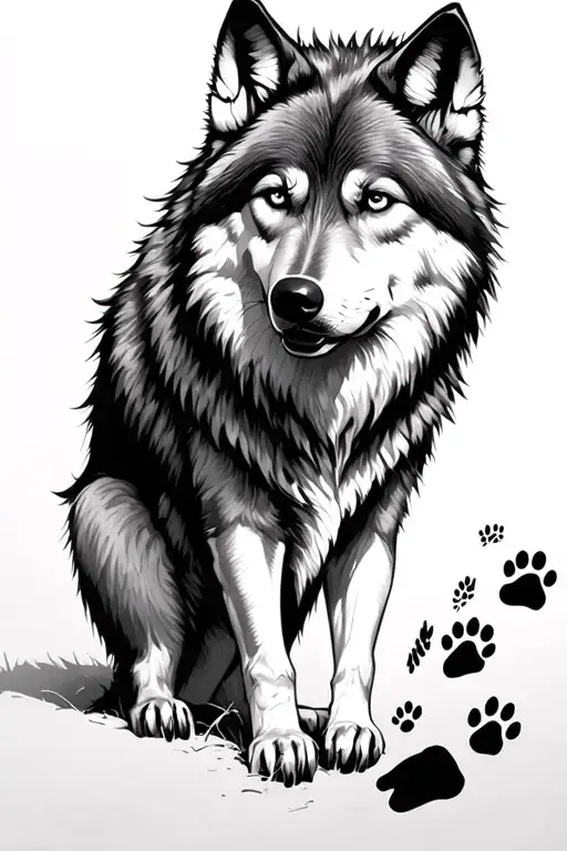 Wolf With Paw Prints Leading To The Wolf