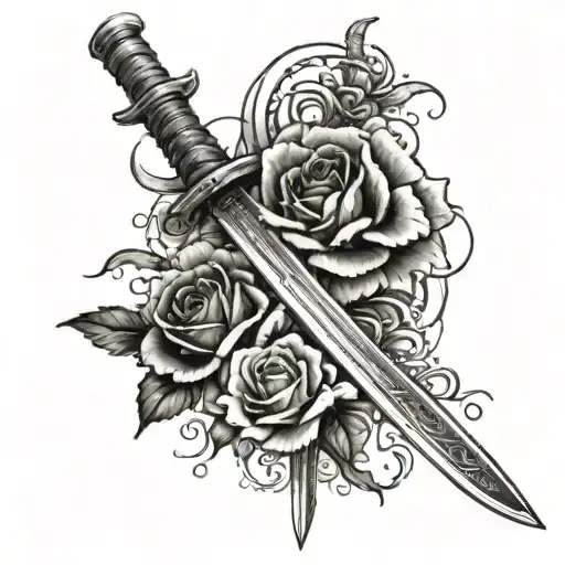 Vertical Katana With A Dragon And Two Roses Blooming