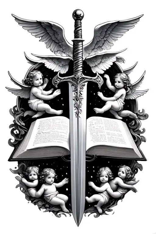 One Small Sword Piercing A Book Surrounded By Small Angels